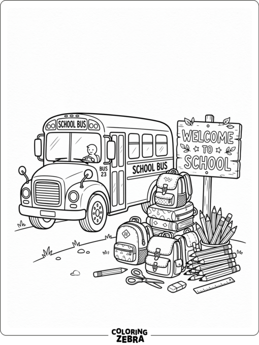 A school bus with school supplies nearby