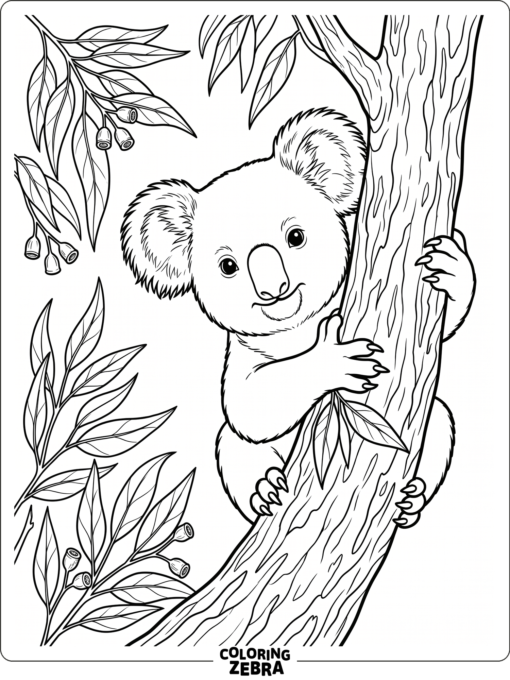 A cute koala peeking from behind a tree