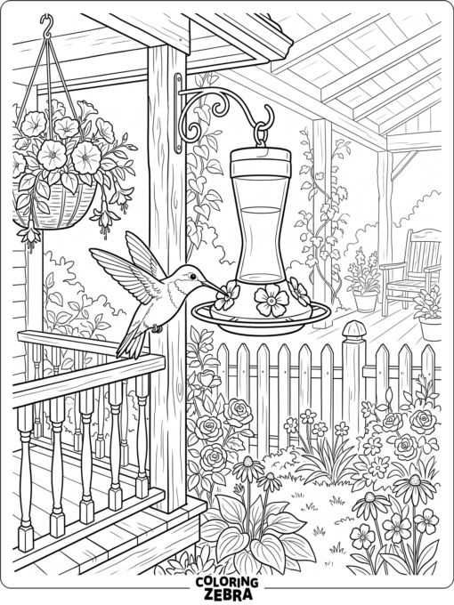 A hummingbird at a backyard feeder by the porch