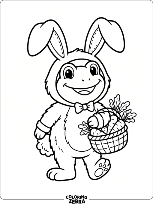 A frog in a bunny costume holding a carrot basket