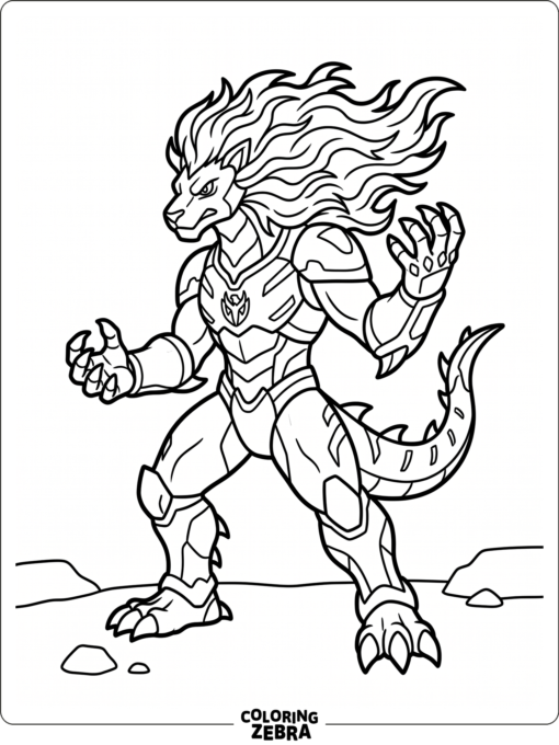 Cyndeous in a battle pose with a flame-like mane