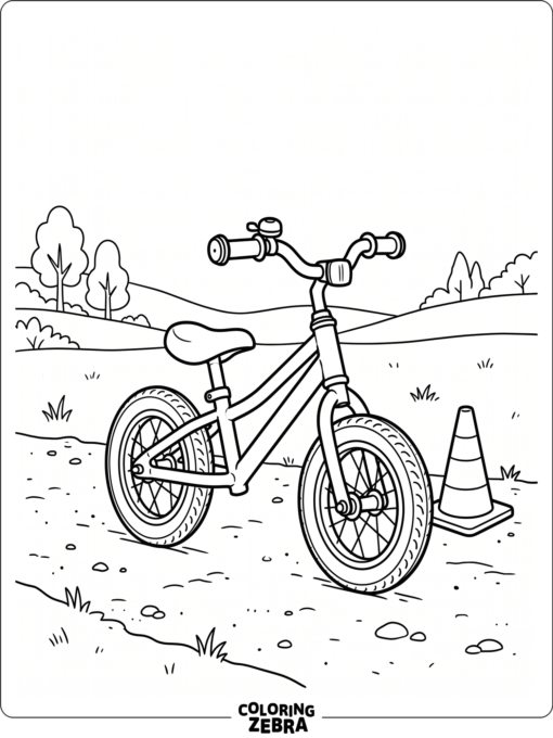 A balance bike beside a small cone
