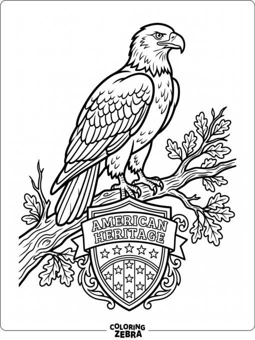 A bald eagle on a branch with a shield