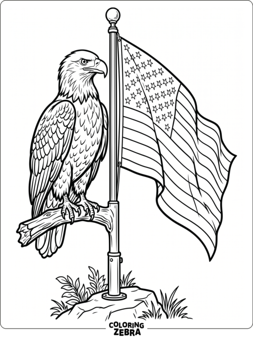 A bald eagle perched beside a large American flag