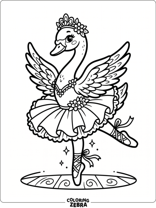 A swan in a tutu standing on one leg