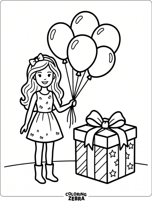 A fashion doll holding balloons and a present