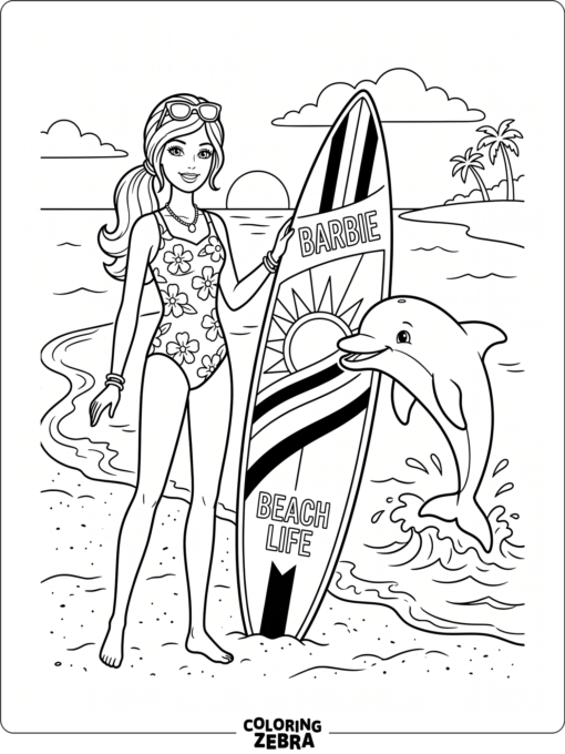 A fashion doll standing near a dolphin and surfboard