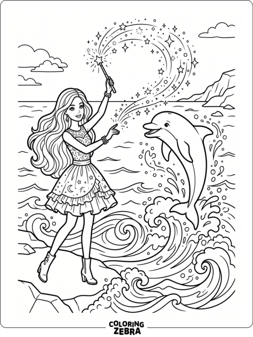 A fashion doll with a dolphin and magical sparkles