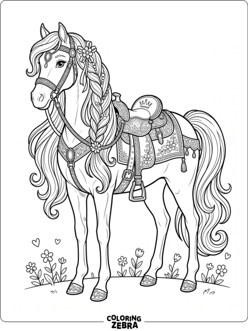 A toy horse with a flowing mane and a decorative saddle