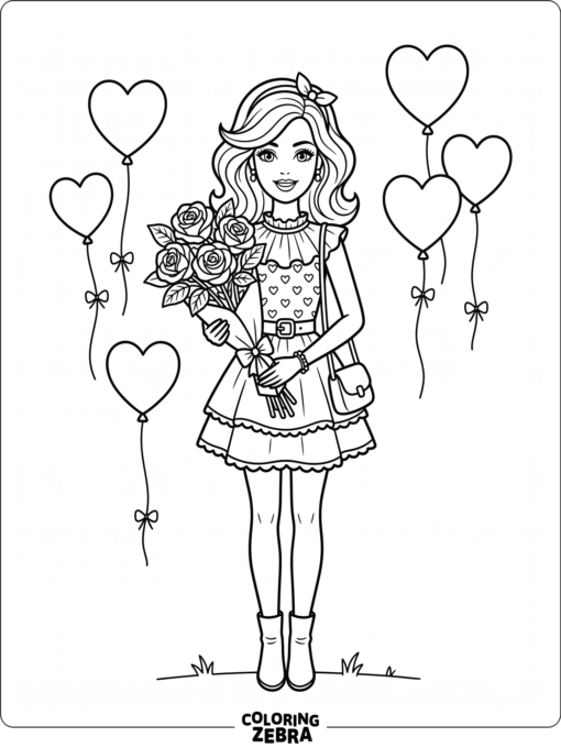 A fashion doll with roses and heart balloons