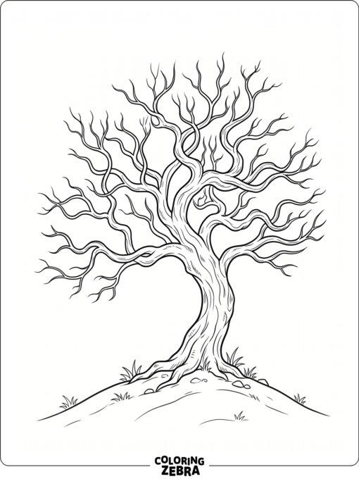 A leafless tree with twisting limbs on a hill
