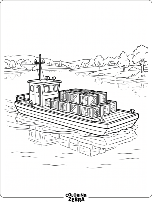 A flat barge carrying crates on calm water