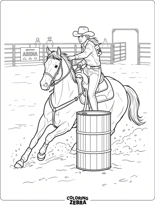 A barrel racing horse turns around a barrel