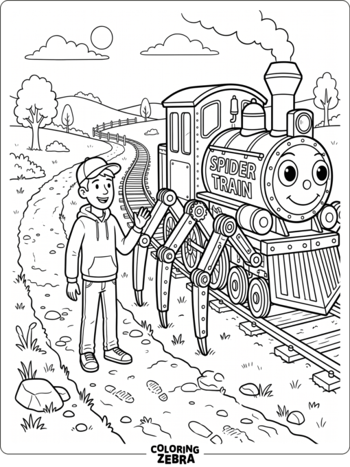 Barry beside the spider train on a dirt path