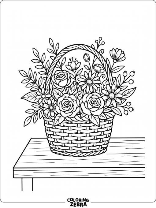 A basket filled with flowers and leaves