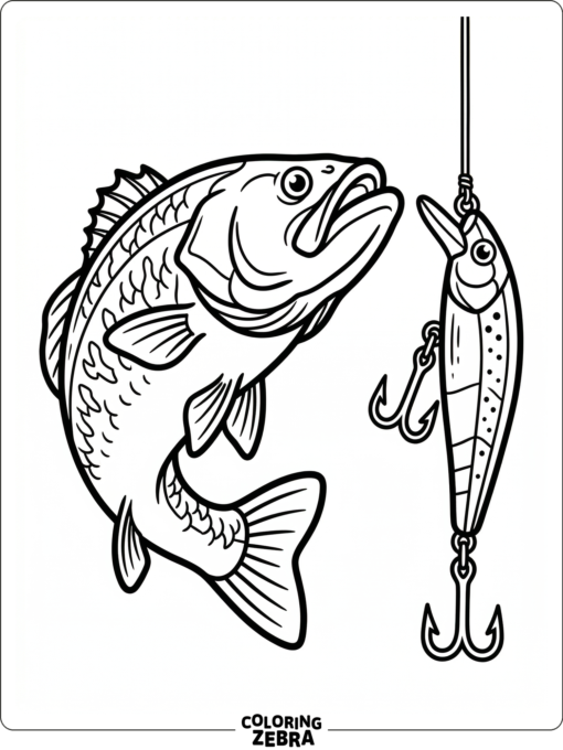 A bass fish next to a fishing lure