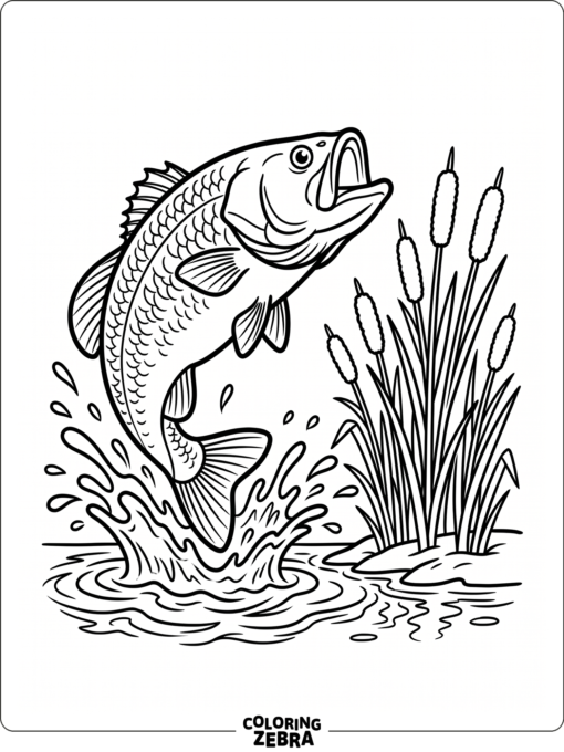 A bass fish jumping from the water near reeds