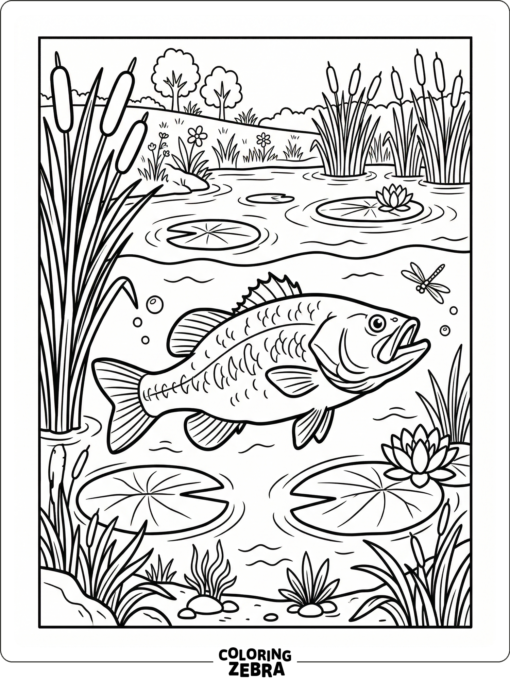 A bass fish resting near pond reeds