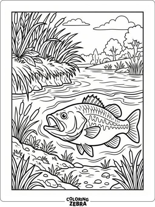 A bass swimming along a riverbank