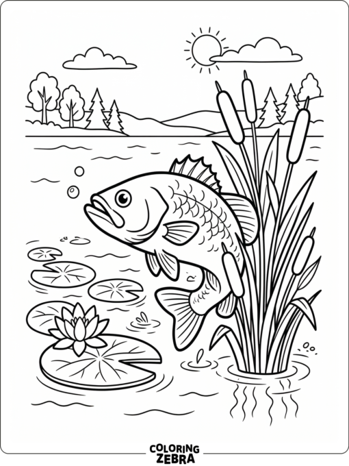 A bass fish near reeds and lily pads in a lake