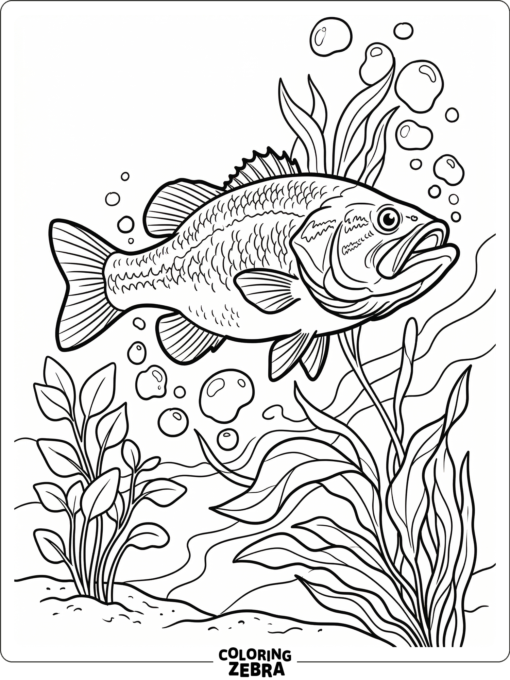 A bass swimming underwater with plants