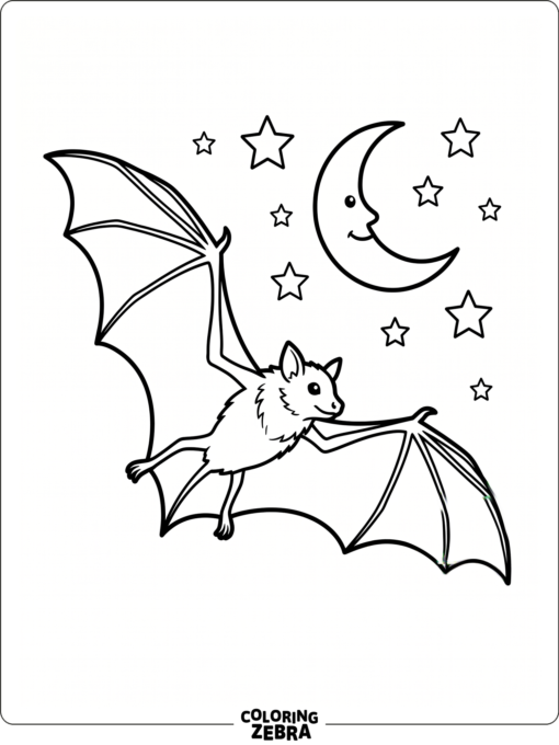 A bat flying under a moon with open wings