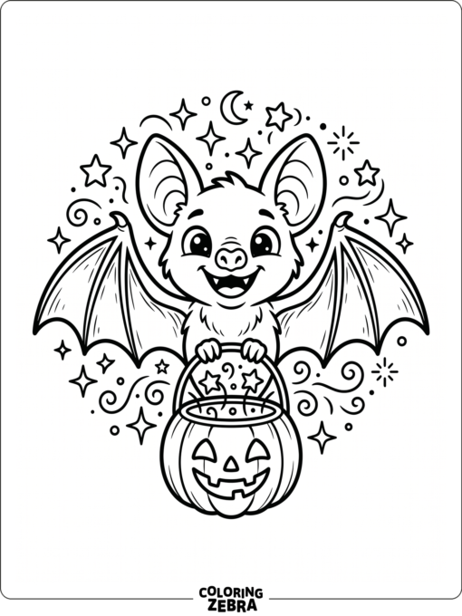 A cheerful bat with a pumpkin bucket and stars