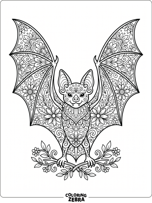 A bat with mandala wings and floral patterns