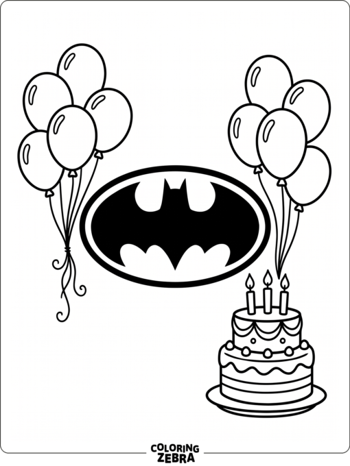 A masked hero logo with balloons and a birthday cake