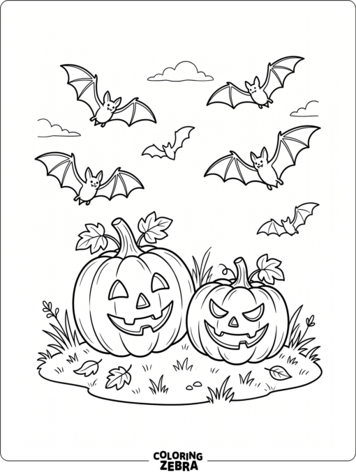 Bats flying around pumpkins in a small scene