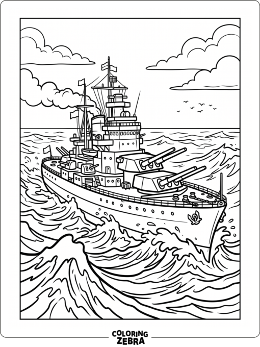 A battleship with big guns sailing through choppy waves