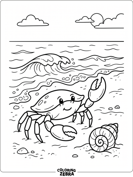 A crab on the beach near a shell and waves