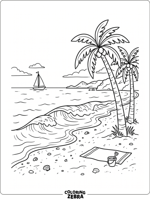 A beach scene with palm trees, waves, and a sailboat