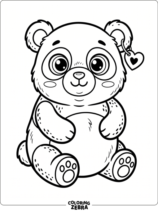 A plush panda toy with big eyes and a heart tag