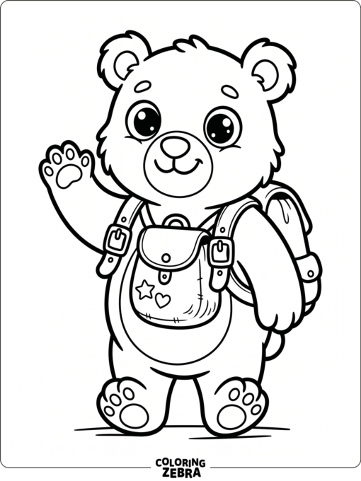 A bear with big eyes carries a backpack