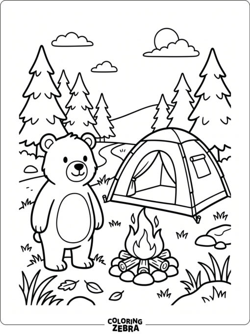 A bear stands near a campfire and a small tent