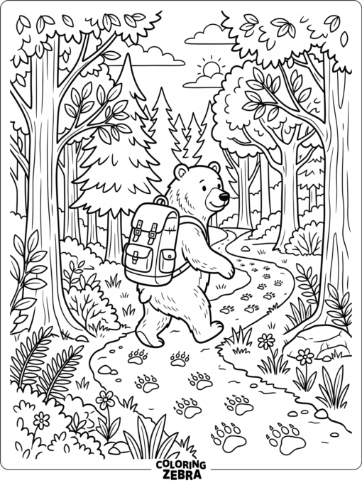 A bear following paw prints on a trail