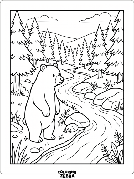 A bear standing near a stream in the woods
