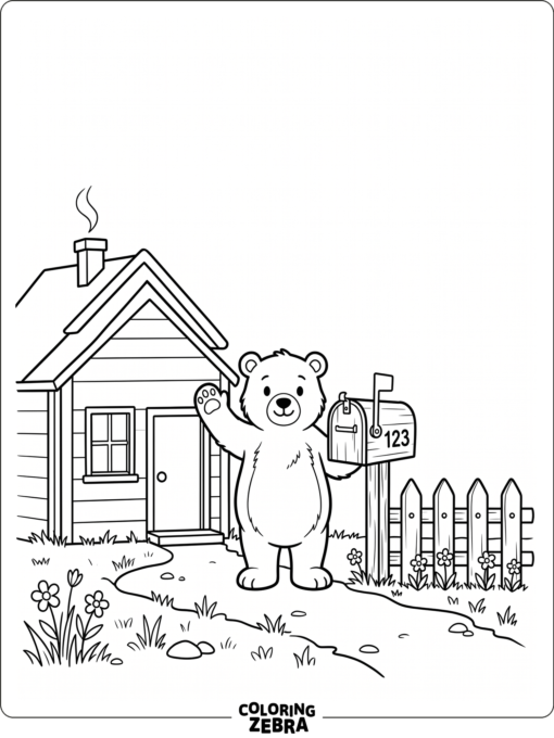 A bear waving beside a mailbox