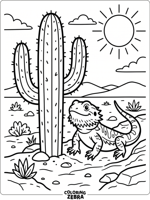 A bearded dragon sitting near a cactus