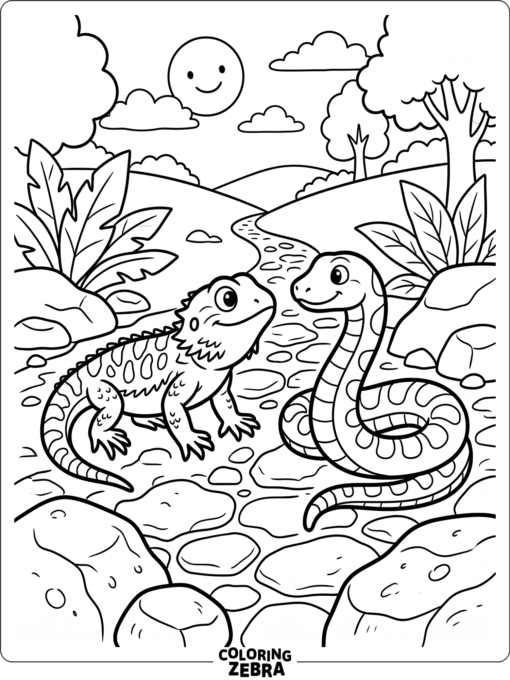 A bearded dragon and a snake facing each other