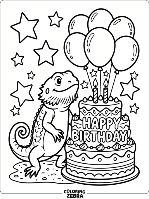 A bearded dragon beside a birthday cake and balloons