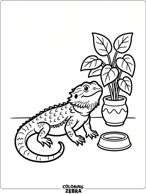 A bearded dragon beside a bowl and plant in a clean scene