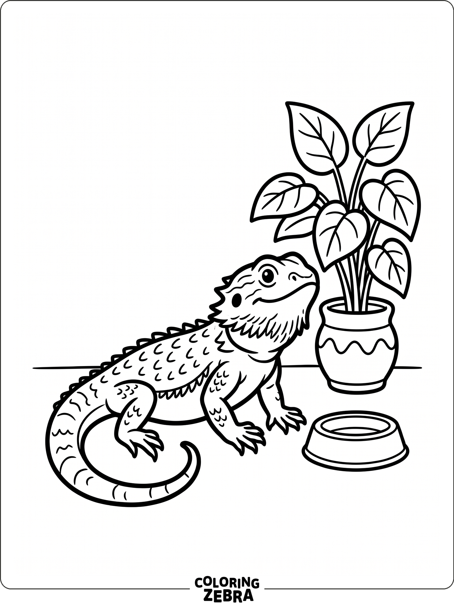 A bearded dragon beside a bowl and plant in a clean scene