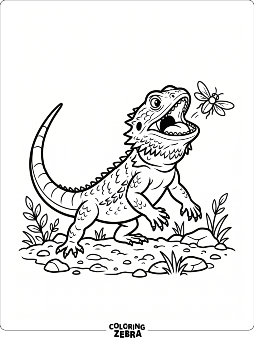 A bearded dragon catching a bug on the ground