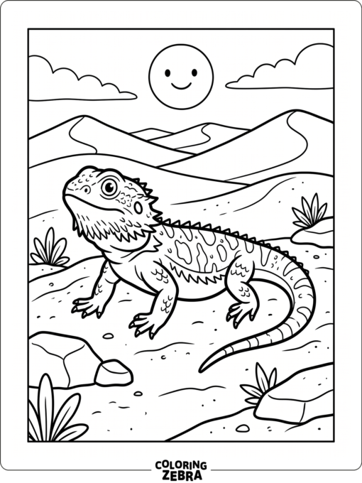 A bearded dragon in a desert with small dunes