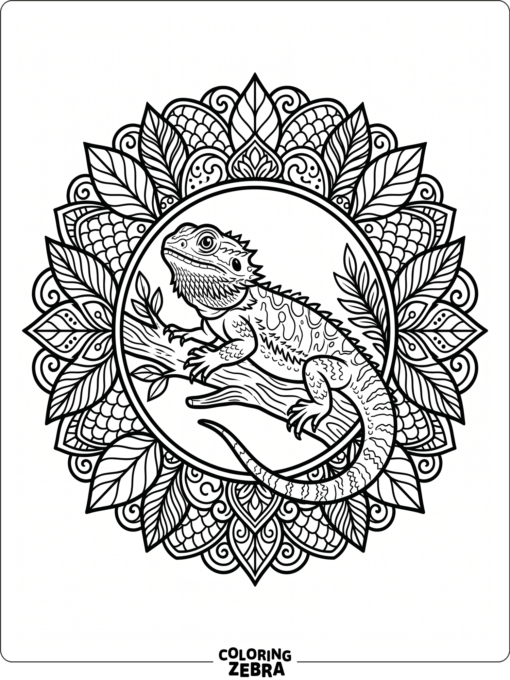 A bearded dragon surrounded by mandala leaves and shapes