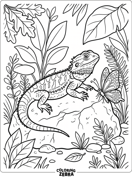 A bearded dragon sits near a butterfly on a rock