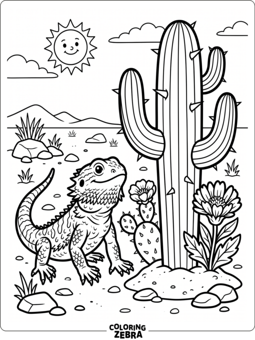A bearded dragon beside a cactus and desert flowers