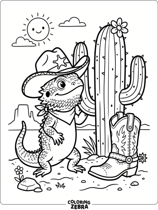 A bearded dragon wearing a cowboy hat near a cactus